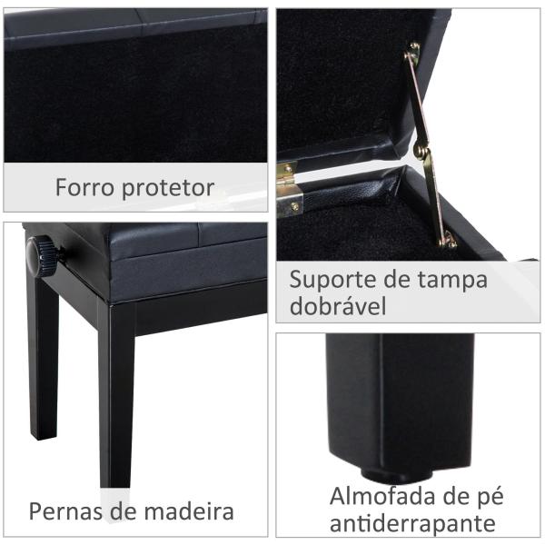 Banco de Piano com Espaço de Armazenamento Altura Ajustável com Assento Acolchoado Carga 200 kg 54,5x33x48 - 58 cm Preto