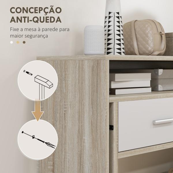 Mesa Consola de Entrada de 2 Níveis com Trilhos Deslizantes 2 Gavetas 2 Rodas Móvel de Entrada 95x35x87 cm Madeira e Branco