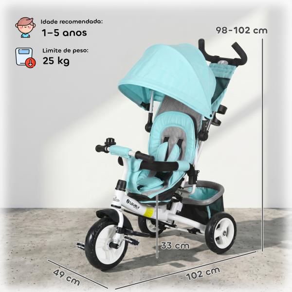Triciclo para Bebés 2 em 1 de +12 Meses com Capota Dobrável Guiador Telescópico e Removível Bolsa e Porta - Garrafas Verde Água