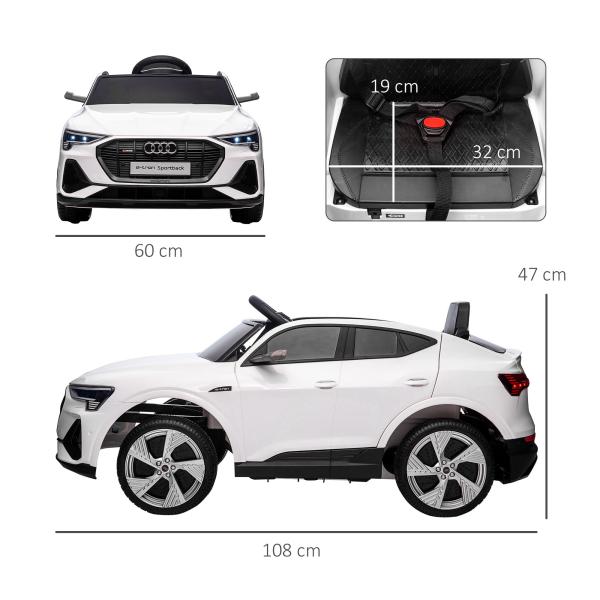 Carro Elétrico Audi E - Tron 12V para Crianças acima de 3 Anos com Controle Remoto Faróis Buzina Música MP3 TF USB e Abertura da Porta 3 - 8km/h 108x60x47cm Branco