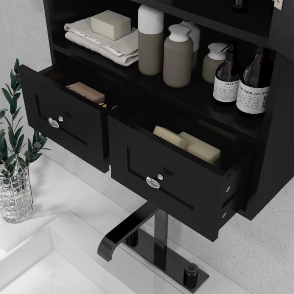 Armário de Parede para Casa de Banho com 2 Portas Prateleira Aberta e 2 Gavetas Estilo Moderno 50,8x17,8x66 cm Preto