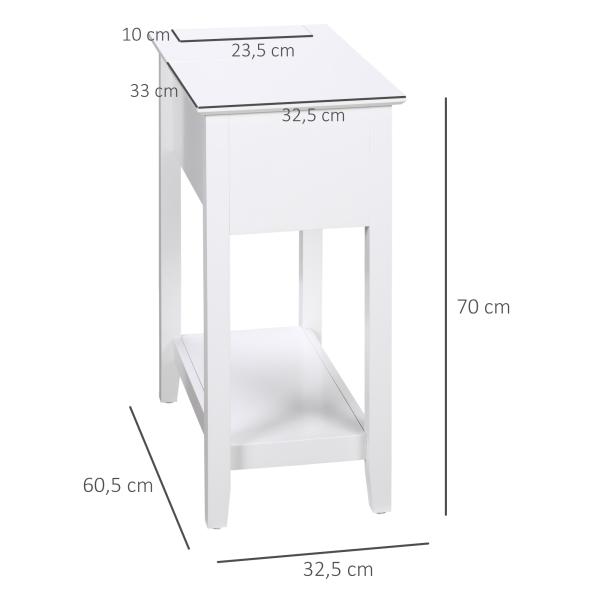 Mesa de Apoio com Tampa Abatível Prateleira de Armazenamento e Orifício para Cabos Oculto 60,5x32,5x70cm Branco