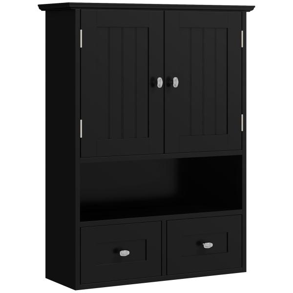 Armário de Parede para Casa de Banho com 2 Portas Prateleira Aberta e 2 Gavetas Estilo Moderno 50,8x17,8x66 cm Preto