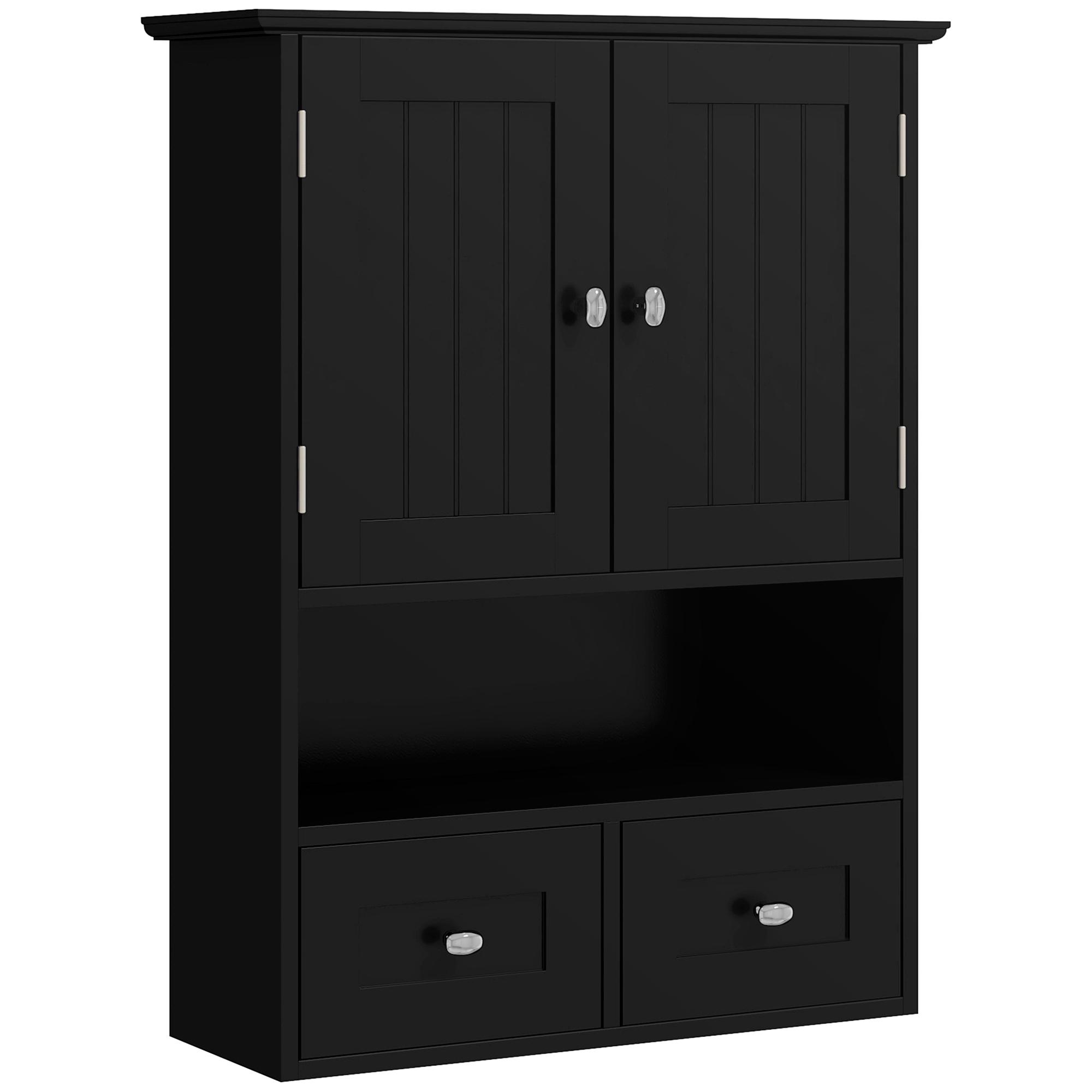 Armário de Parede para Casa de Banho com 2 Portas Prateleira Aberta e 2 Gavetas Estilo Moderno 50,8x17,8x66 cm Preto