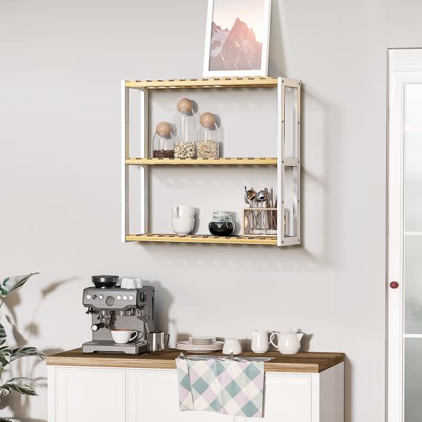 Estante de Parede de Bambu de 3 Níveis Estante Suspensa para Sala de Estar Dormitório Cozinha 60x15x54cm Madeira e Branco