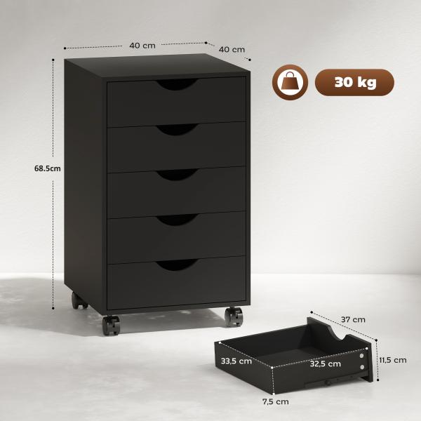 Bloco de Gavetas com Rodas Bloco de Gavetas para Escritório com 5 Gavetas 40x40x67 cm Preto