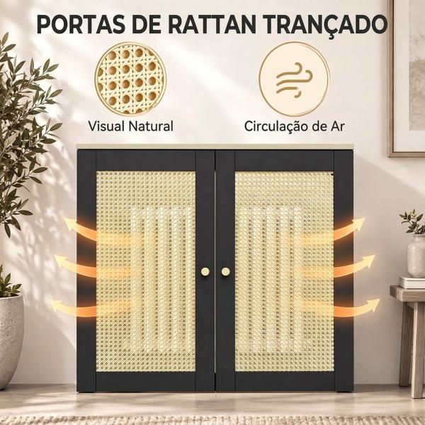 Cobertura para Radiador com 2 Portas em Rotim para Sala de Estar e Quarto 78x19x75 cm Preta