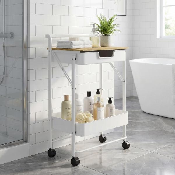 Carrinho Auxiliar com Rodas de 2 Níveis Carrinho de Cozinha com 1 Gaveta e 1 Cesto Carrinho Organizador 45x29,5x68 cm Branco