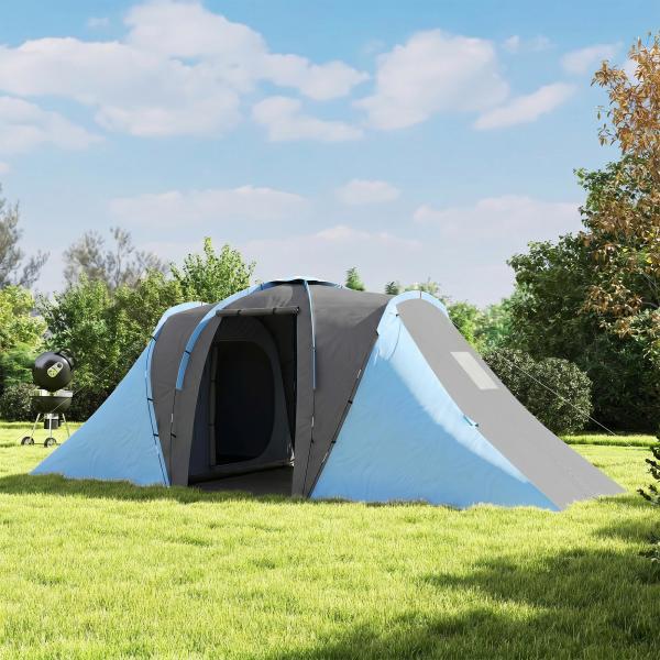 Tenda de Campismo Familiar para 4 - 6 Pessoas com 2 Dormitórios Impermeável 3000 mm com Bolsa 555x225x190 cm Cinza e Azul