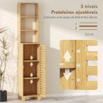 Coluna Casa de Banho de Bambu com 3 Prateleiras Abertas Portas de Ripas Prateleiras Ajustáveis 34x30x170 cm Madeira