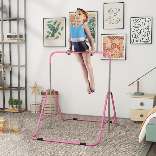 Barra de Ginástica para Crianças Dobrável com Altura Ajustável para Treino em Casa 154x106,2x88,5 - 128,5 cm Rosa