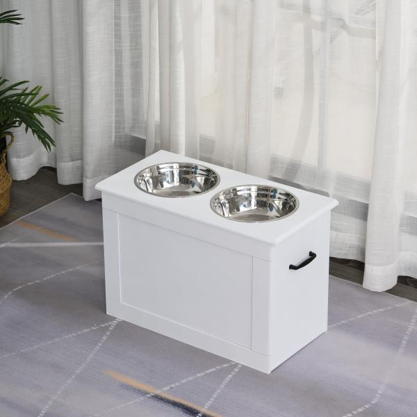 Comedouro Elevado para Cães com 2 Tigelas de Aço Inoxidável e Espaço de Armazenamento Oculto 60x30x41 cm Branco