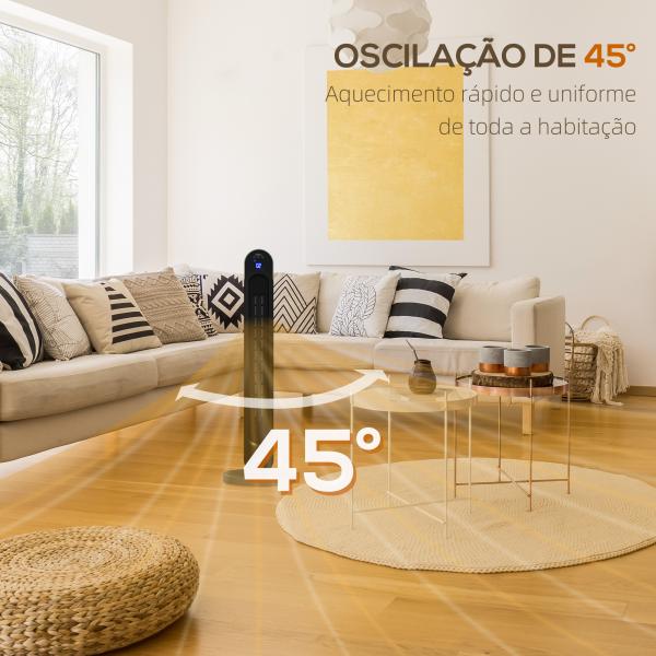 Aquecedor Cerâmico de Torre 1100/2200W com Controlo Remoto Ecrã LED Temporizador de 12h Termostato 3 Modos Ø25x73,5 cm Prata e Preto