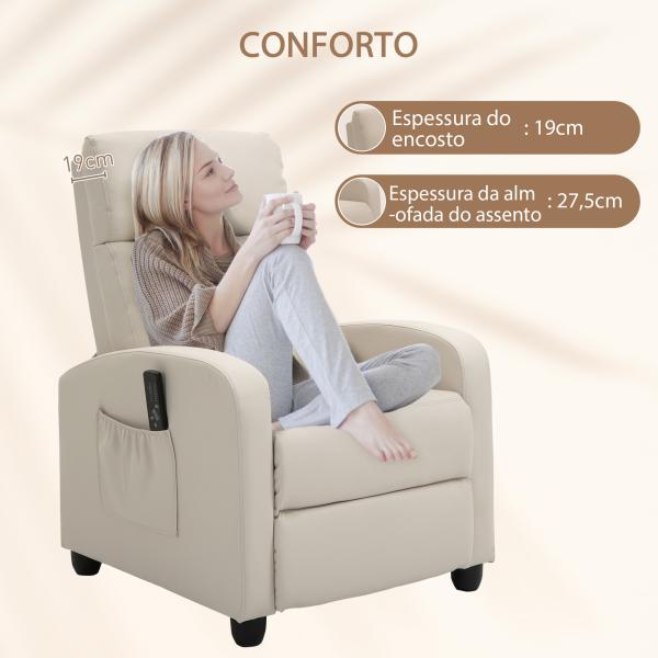 Poltrona de Massagem Reclinável com 2 Zonas de Massagem 8 Programas e 5 Níveis de Intensidade 68x88x98 cm Creme