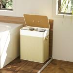 Cesto de Roupa com Tampa 100L de Bambu com 2 Compartimentos Bolsa Interior Amóvivel 52x32x63 cm Bege e Creme