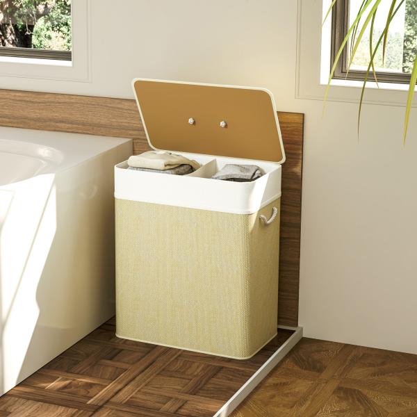 Cesto de Roupa com Tampa 100L de Bambu com 2 Compartimentos Bolsa Interior Amóvivel 52x32x63 cm Bege e Creme