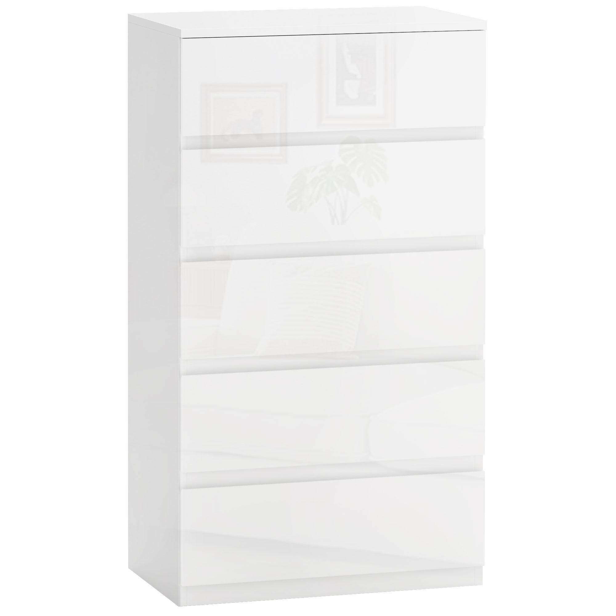 Cómoda com 5 Gavetas de Madeira Cómoda de Dormitório Cómoda Branca Estilo Moderno 55x33x80 cm Branco Brilhante