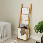 Estante para Casa de Banho de Bambu com 3 Barras e Cesto para Roupa Suja Removível de 48 L 43x35x133 cm Creme e Madeira