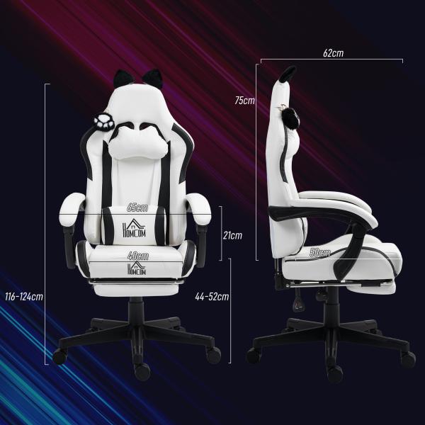 Cadeira Gaming com Orelhas Cadeira Gamer Reclinável com Altura Ajustável e Suporte Lombar 65x62x116 - 124 cm Branco