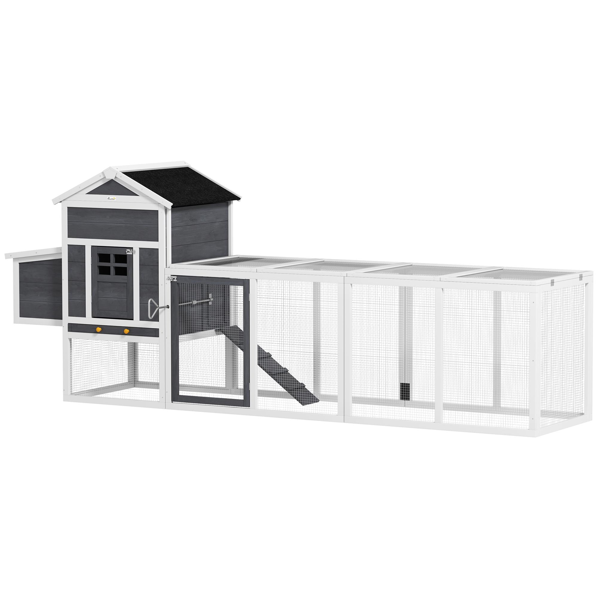 Galinheiro de Madeira 297,5x68x118cm para 3 - 6 Galinhas com Teto Asfáltico Porta com Trava e Caixa Ninho Branco e Cinza