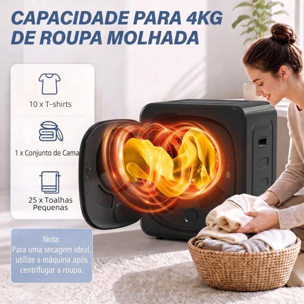 Máquina de Secar Roupa de Exaustão 4 kg 800W Anti - Vincos Esterilização 5 Programas Carga Frontal 48x40x56 cm Preto