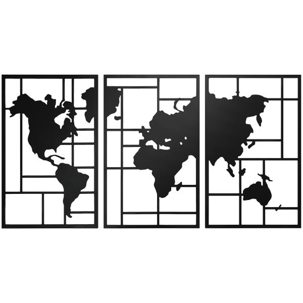 Decoração de Parede em Metal com Mapa Múndi Conjunto de 3 Peças Quadros de Parede Metálicos Preto