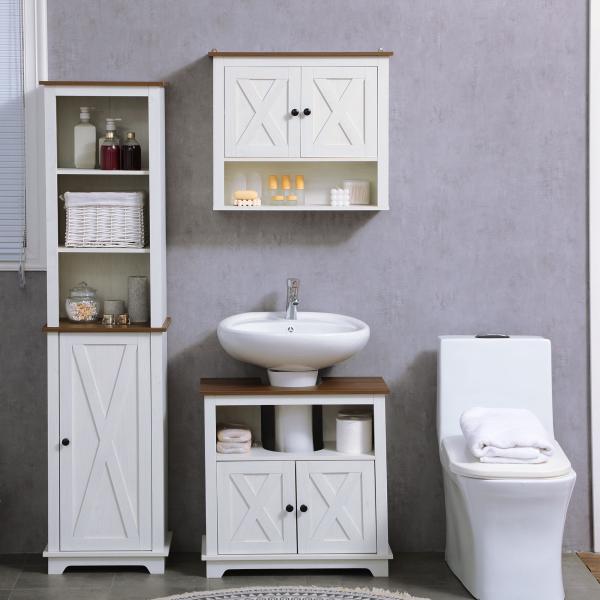 Armário Casa de Banho de Parede com 2 Portas e Prateleiras de Armazenamento 60x19,5x52,5 cm Branco e Madeira