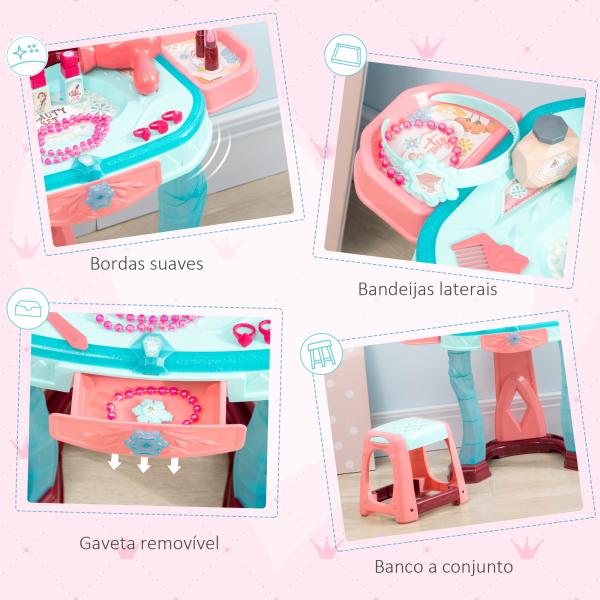 Toucador Infantil com Banco Espelho Luz Música e Secador Inclui 31 Acessórios Toucador de Maquilhagem 57x34x73cm Multicor