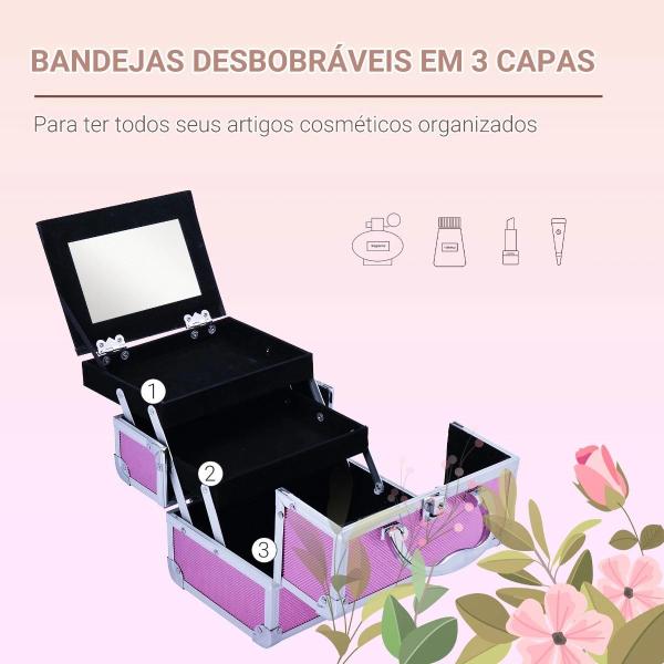 Estojo de Maquiagem Profissional Portátil de Cosméticos com Bandejas de 3 Níveis e Espelho 2 Chaves para Porta - Joias Manicure 15x15x20cm Rosa
