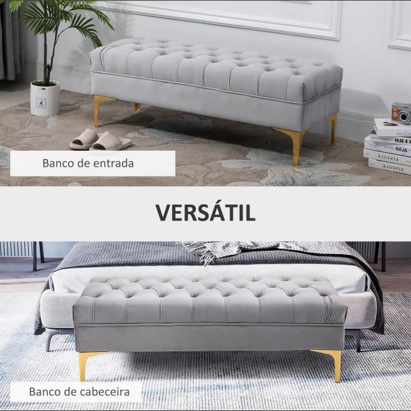 Banco de Pé de Cama com Assento Acolchoado e Pés Metálicos Banco para Entrada Corredor Capacidade 120 kg 118x45x42 cm Cinza