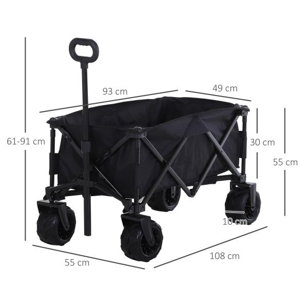 Carrinho de Transporte Dobrável com Rodas Giratórias 360° e Guiador Ajustável 59 - 89 cm para Campismo Praia 108x55x61 - 91 cm Preto