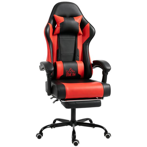 Cadeira Gamer com Massagem Lombar Vibratória Reclinável 155° Altura Ajustável Apoio de Cabeça e Apoio para os Pés Retrátil Vermelho