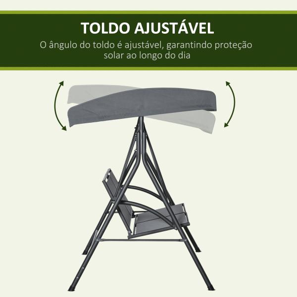 Baloiço de Jardim Exterior para 2 Pessoas Toldo Ajustável Estrutura em Aço Assentos de Textilene 140x118x162 cm Cinzento Escuro