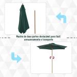 Chapéu de Sol Ø250x230cm Chapéu de Sol com Mastro de Madeira com 6 Hastes Sistema de Polia com Fixação para Jardim Pátio Terraço Verde