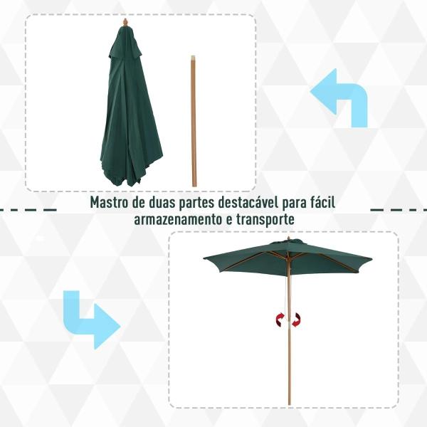 Chapéu de Sol Ø250x230cm Chapéu de Sol com Mastro de Madeira com 6 Hastes Sistema de Polia com Fixação para Jardim Pátio Terraço Verde