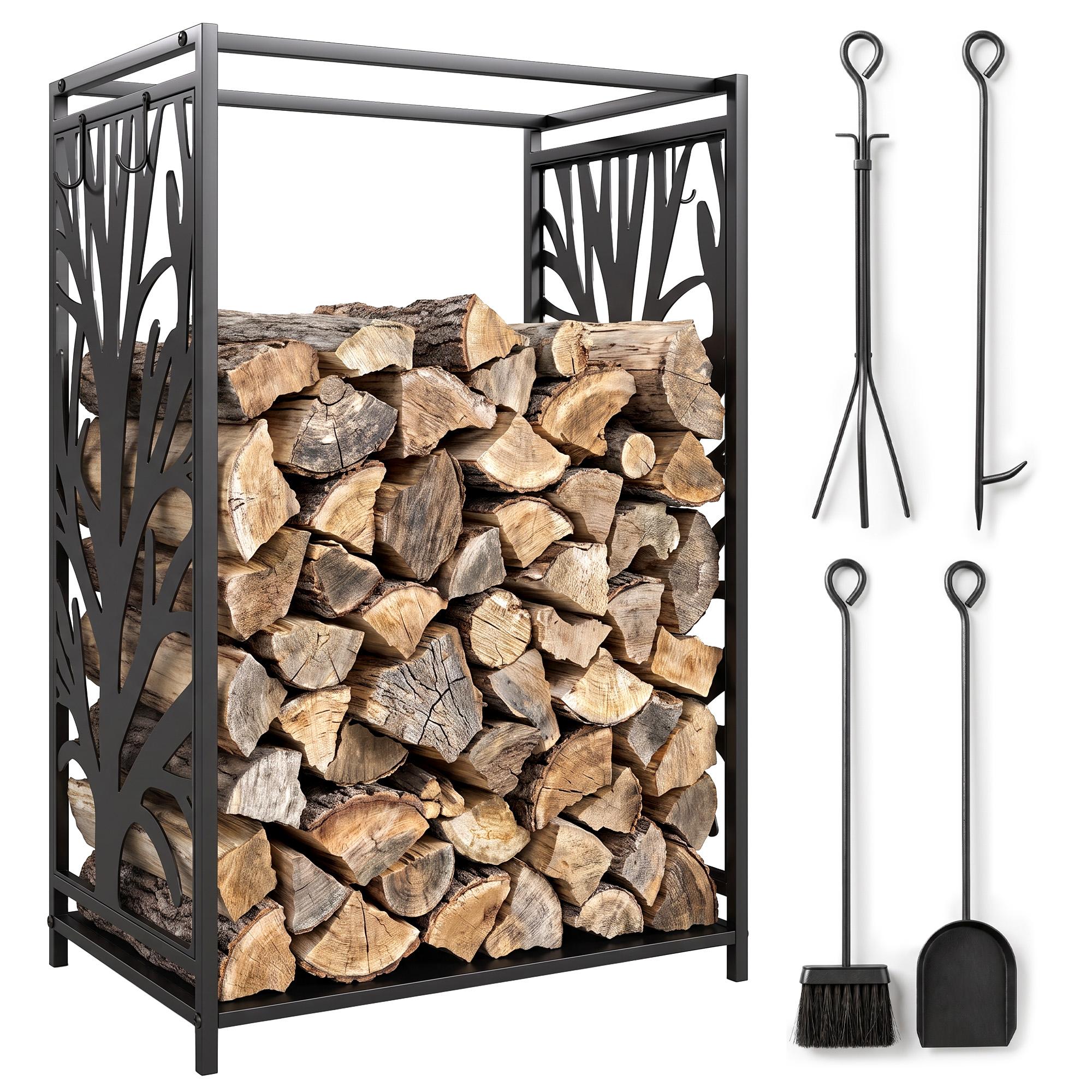 Suporte para Lenhas Suporte de Armazenamento para Lenhas 46x30x70 cm com 4 Ferramentas para Interior e Exterior Preto