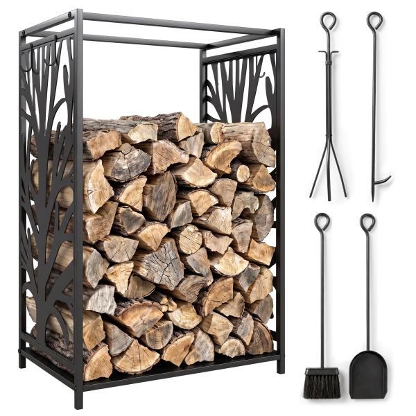 Suporte para Lenhas Suporte de Armazenamento para Lenhas 46x30x70 cm com 4 Ferramentas para Interior e Exterior Preto