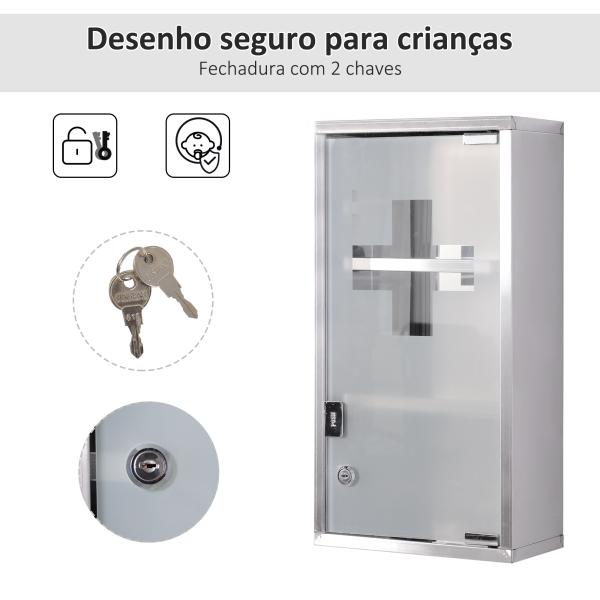Armário de Medicamentos Armário de Primeiros Socorros de Aço Inoxidável com 3 Prateleiras e Fechadura 25x12x48 cm Prata