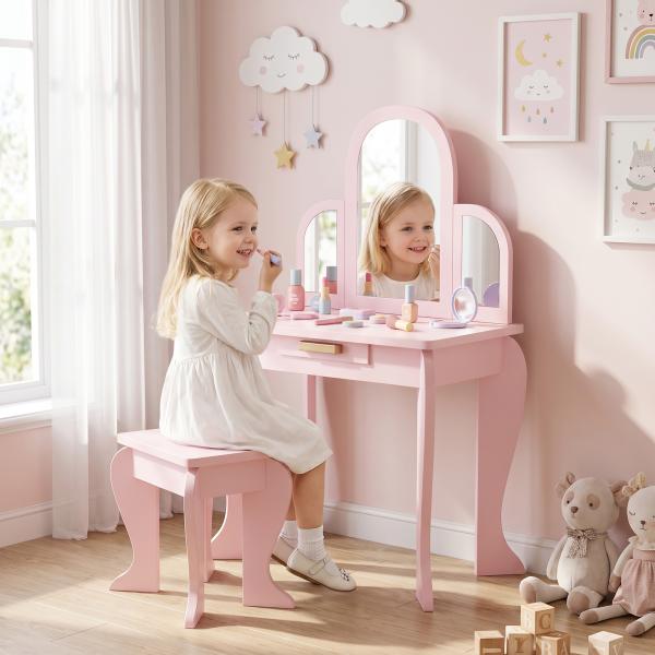 Toucador para Crianças com Espelho e Banco Toucador de Maquilhagem para Crianças de 3 a 6 Anos 52x32x85 cm Rosa