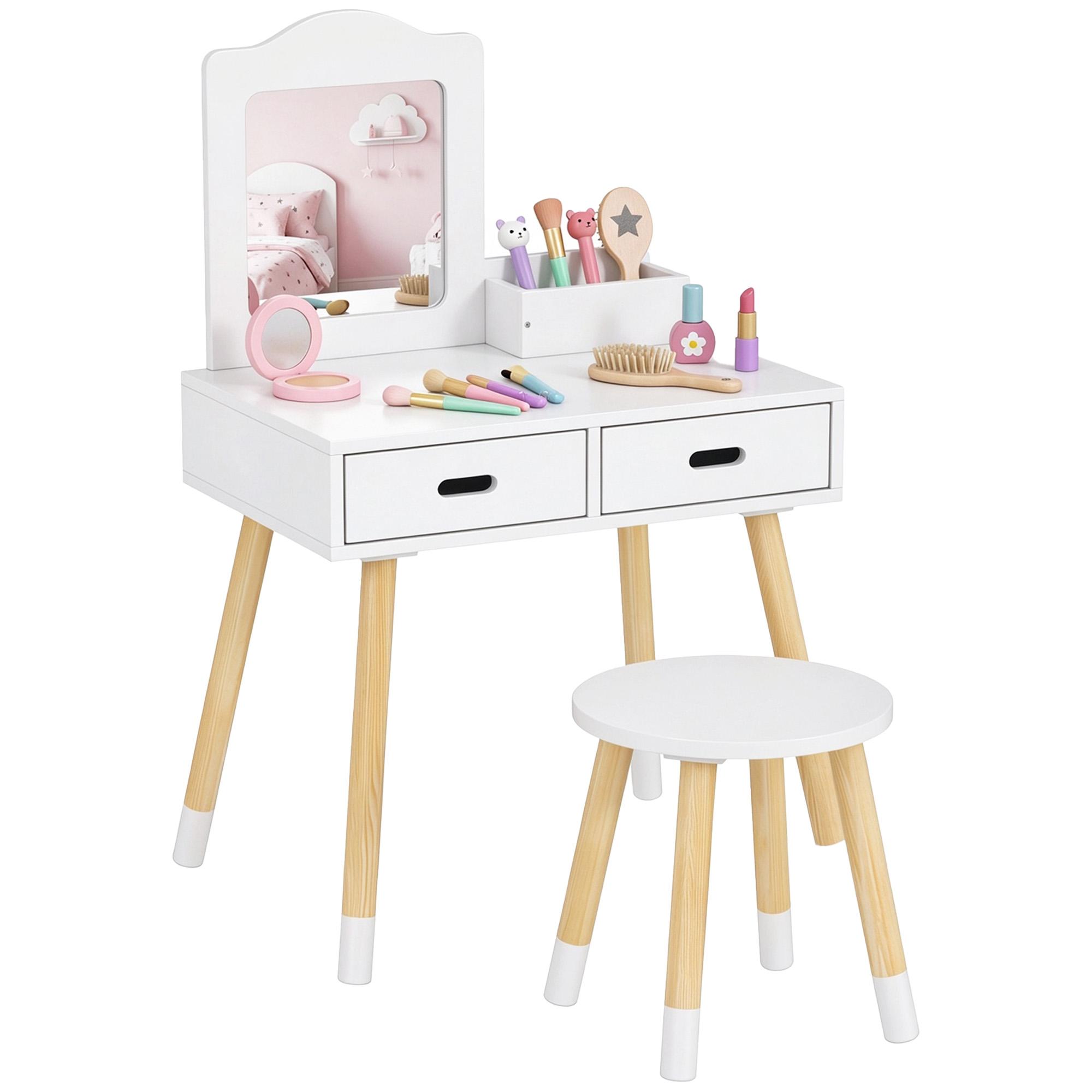 Toucador Infantil de Madeira com Banco Espelho e 2 Gavetas Brinquedo Educativo para Crianças de 3 - 6 Anos 60x40x95cm Branco