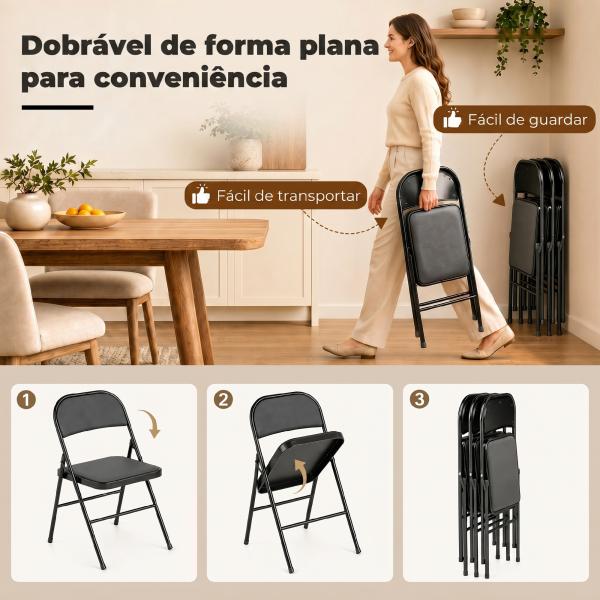 Conjunto de 4 Cadeiras Dobráveis com Encosto e Estrutura de Aço para Sala de Estar escritório Estúdio 45x46x78 cm Preto