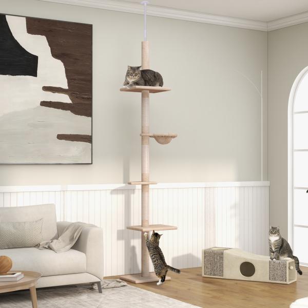 Árvore Arranhadora para Gatos Arranhador para Fixar ao Teto Altura Ajustável com Plataformas Poste de Sisal 40x34x230 - 260cm Bege