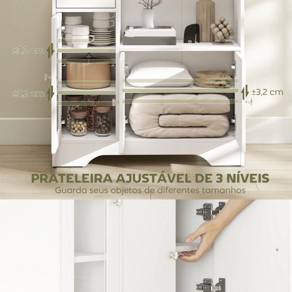 Aparador Moderno com Porta de Vidro Gaveta Prateleira Aberta e Prateleiras Ajustáveis Móvel Auxiliar 80x30x82cm Branco