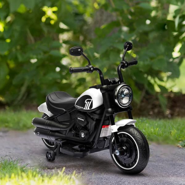 Motocicleta Elétrica para Crianças de 18 - 36 Meses com Bateria 6V Farol e Rodas Auxiliares Removíveis 76x42x57 cm Branca