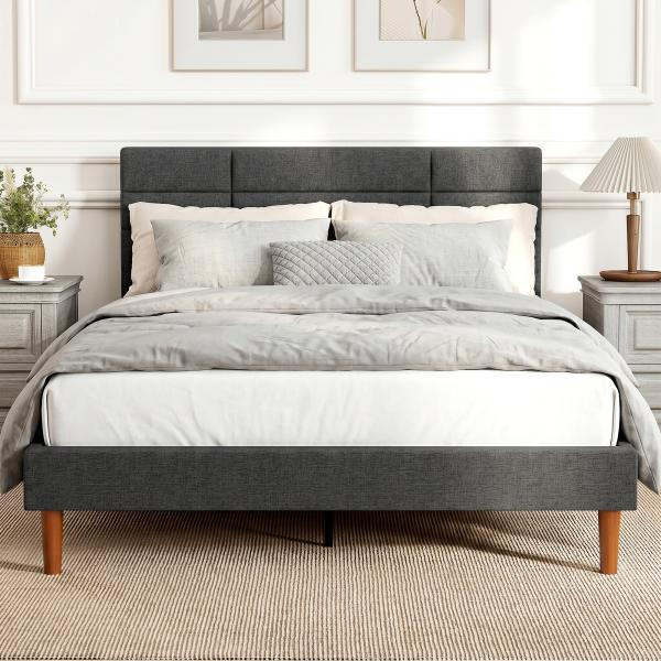 Cama Estofada 140x200 cm com Cabeceira Almofadada, Estrado de Ripas e Espaço Livre Inferior, Cinzento