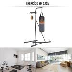 Saco de Boxe Suspenso com Suporte Bola de Velocidade Ajustável em Altura de 167 - 187cm e Inflador para Treinamento Fitness em Casa Ginásio 115×157×221 cm Preto e Cinza