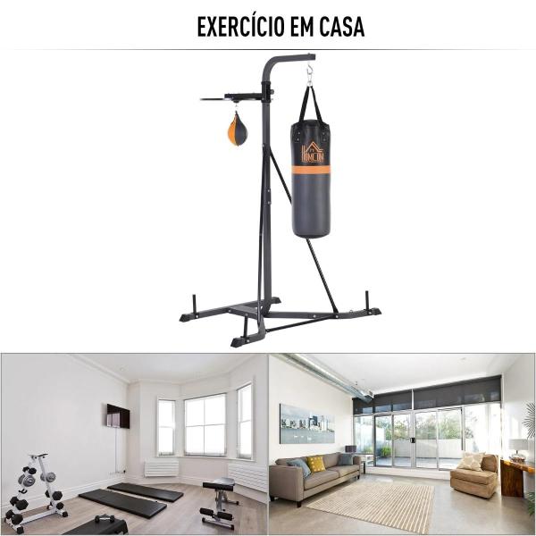 Saco de Boxe Suspenso com Suporte Bola de Velocidade Ajustável em Altura de 167 - 187cm e Inflador para Treinamento Fitness em Casa Ginásio 115×157×221 cm Preto e Cinza