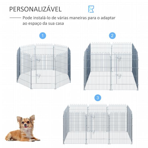 Parque para Animais de Estimação com 8 Paineis 63x91cm Cerca para Animais de Estimação com Porta com Trava para Jardim Pátio Exterior Prata
