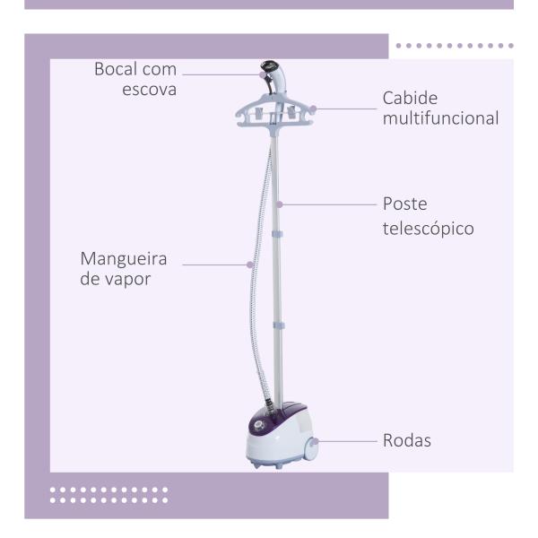 Ferro de Engomar a Vapor com Depósito de 1,8L e Temperatura Ajustável em 11 Níveis 21,5x30x150 cm Branco e Roxo