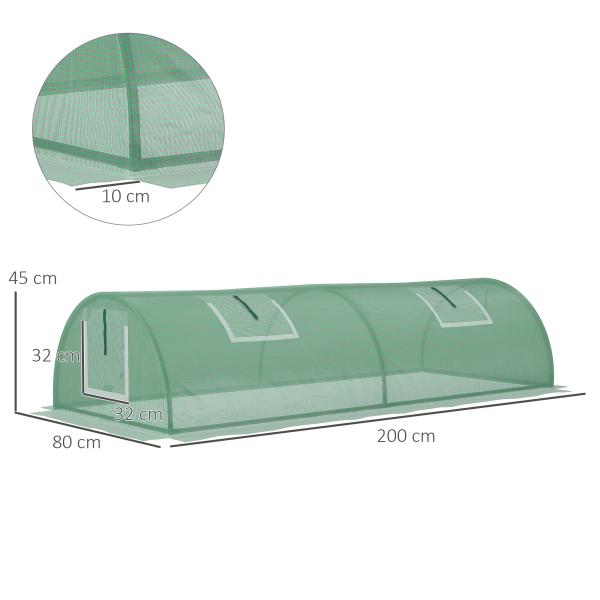 Mini Estufa para Cultivo de Plantas com 4 Janelas Estrutura em Aço e Cobertura de PE Anti - UV 200x80x45 cm Verde